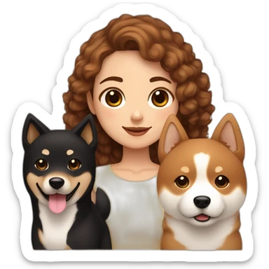 curly browned hair girl with a black shiba inu and a normal shiba inu sticker