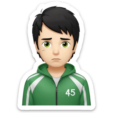 squid game player 456
Hair: Messy, medium-length black hair 🖤💇‍♂️
Face: Tired eyes, often anxious or nervous look 😟👀
Clothes: Green tracksuit with white stripes 🟢👟 (number 456 on his chest)


 sticker