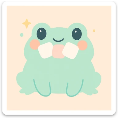 a chubby frog with marshmallows in its mouth, fun and lighthearted, colorful sticker