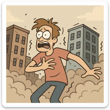 an earthquake, cartoon style, buildings shaking, dust clouds sticker