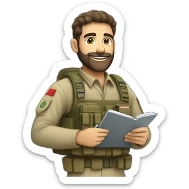 pale brown bearded israeli IDF soldier happy holding notebook and pen and stationary sticker