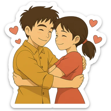Transform this man and woman into a loving couple in Ghibli style, hugging with hearts around them, show clear affection and warmth sticker