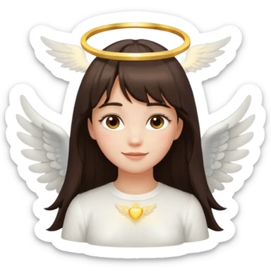 long dark brown haired girl with bangs and lashes as an angel, glowing halo, small white wings, soft smile, inspired by iOS 18 girl emoji style sticker