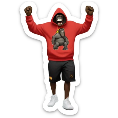 king kong dancing with a "HOODRICH" HOODIE, black shorts and nike tn shoes and a bumbag around his shoulder sticker