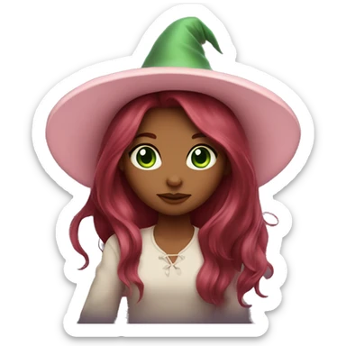 girl long dark red hair green eyes and baby pink witch hat sticker