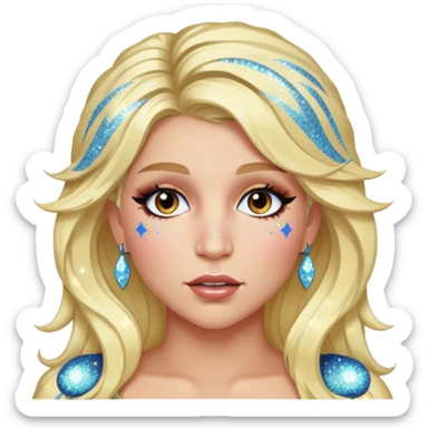 Kesha emoji with glitter, expressive face, sparkling details sticker