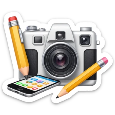 content creation tool for social media with camera, pencil, and smartphone, bright and friendly emoji style icon sticker