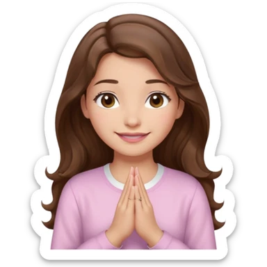 girl with wavy long brown hair, brown eyes, light to medium complexion, long lashes, light pink lipstick, praying, smiling, wearing light pink shirt sticker