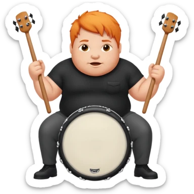 A chubby orange hair fan pounding a bass drum, cheeks puffing with energy. sticker