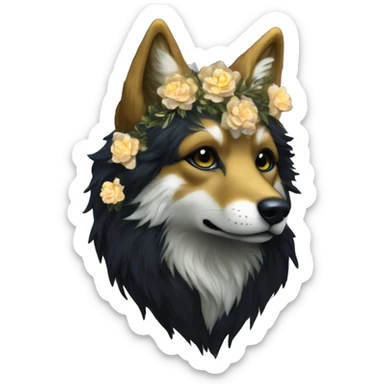 Black iridescent fluffy dog fox head zombie skeleton gold mechanical nebula galaxy stars flowers fairy lights vintage sticker