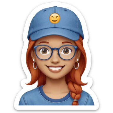 Young person with red hair, glasses, earrings and a wonderful smile, wearing blue clothes, jeans and a cap sticker