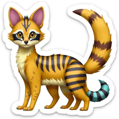 Civet-Genet-Possum-Serval-Caracal-Sergal-Trico-Numbat-Furret-fusion-Fakemon-hybrid-creature (full body) with long tufted ears and a striped tail sticker