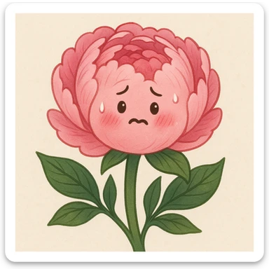 pink peony flower with a round body, blushing cheeks, nervous expression sticker