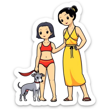 Slim Chinese woman with long black hair in beach attire at the beach with her Italian greyhound that is COMPLETELY solid grey, with absolutely NO white markings on face, snout, or anywhere else, single uniform grey color throughout entire dog body sticker