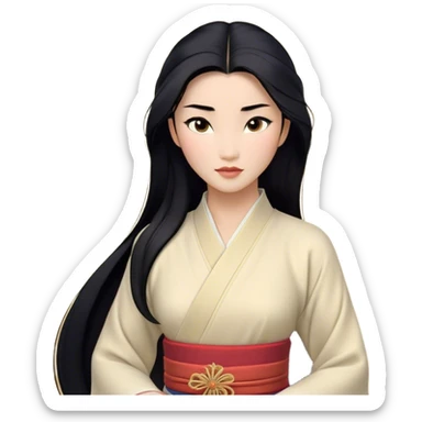 Cinematic Realistic Mulan Portrait, depicted with lifelike skin texture, soft natural lighting, and intricately detailed long black hair styled elegantly. Her deep, expressive eyes exude determination and grace, complemented by a serene yet confident expression. She is dressed in her classic attire, with rich fabric textures and delicate folds that catch the light beautifully. The portrait features a soft, enchanting glow with a natural, radiant finish, capturing the essence of timeless strength and beauty in a realistic and painterly style, evoking a sense of depth and authenticity. sticker