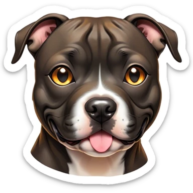 Cinematic Cute Black/Brindle Staffordshire Bull Terrier Portrait Emoji, Head tilted playfully and inquisitively, featuring a glossy Fur with a dynamic mix of black and brindle, round, sparkling dark eyes filled with curiosity, Simplified yet irresistibly adorable features, highly detailed, glowing with a warm, friendly glow, high shine, affectionate and spirited, stylized with a touch of whimsy, bright and endearing, soft glowing outline, capturing the essence of a mischievous yet loving pup, so playful it feels like it could bound out of the screen and into your arms! sticker