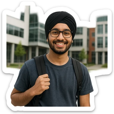 university sikh boy with backpack and glasses, modern campus background, smiling sticker