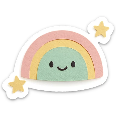 kawaii gentle rainbow arc, tiny star companions, soft pastel colors, no limbs, full body, paper craft style sticker