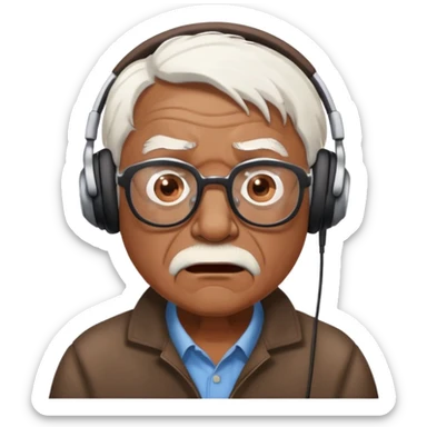 Brown old man with medium white hair, using glasses and headphones looking surprised and angry sticker