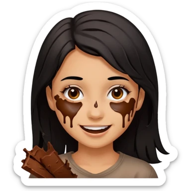 Girl with black hair smeared chocolate on face sticker