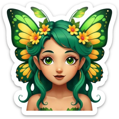 Cinematic Realistic Forest Fairy Portrait, head tilted dramatically with an exaggeratedly amused expression, featuring a striking, nature-infused form with glowing, sun-kissed tanned skin and vividly detailed dark green hair adorned with floral accents. Her expressive eyes brim with playful forest mischief, rendered with vibrant, lifelike textures and dynamic dappled lighting that conveys a spirited, over‐the‐top woodland whimsy showing her large butterfly wings from her back. sticker