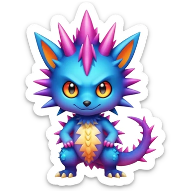 Vibrant colorful-gradient anime-styled edgy cool badass cute random Fakémon-creature, with random markings, full body sticker