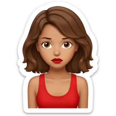 generate a pretty tan bratz girl with brown wavy hair long wearing a red tank top, red lipstick. Looking sad sticker