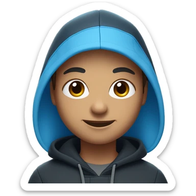 A digital 3D emoji-like face with brown hair, a small mole under the right eye, wearing white earbuds, and smiling. The character is wearing a dark blue hoodie and a black Nike crossbody bag. The background is a gradient light blue. sticker