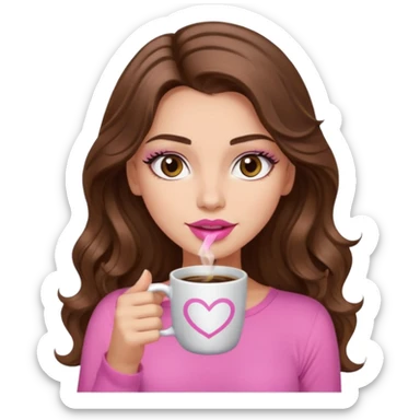 girl with long wavy brown hair, brown eyes, long lashes,sexy pink lips, light to medium complexion, pink sexy top, with a coffee mug sticker