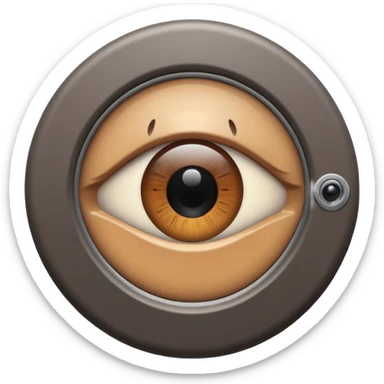 Minimalist emoji-style sticker of a peephole with a realistic eye looking out from inside. Black and gray tones, flat icon, centered eye.
 sticker