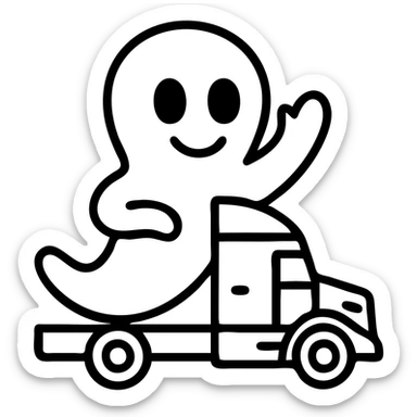 Make Casper the ghost much larger compared to the white semi truck in outlined icon style, keep transparent background. sticker