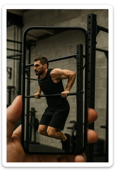 uomo che fa Muscle up e si sta filmando di lato con il telefonino che lo riprende mentre si allena, così da analizzarsi dopo sticker