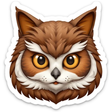 An cats head with a brown on top of the head of the cat the cats head infused with an white owls body with brown wings sticker