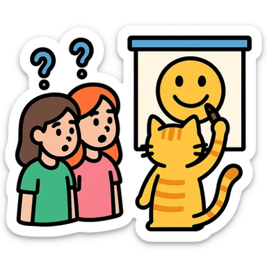two girls guessing as a kitty draws an emoji, vibrant color icon sticker