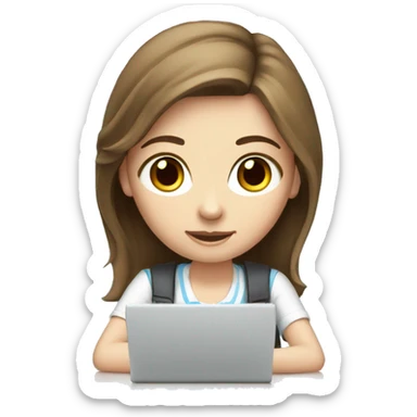 white girl studying at a white desk, brown hair, blue eyes, computer sticker
