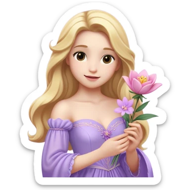 Cinematic Realistic Rapunzel Portrait, with porcelain-like skin featuring a subtle, natural glow, illuminated by soft lighting that brings out the gentle contours of her face. Her long, golden blonde hair cascades in detailed waves, each strand highlighted with a radiant shimmer as it catches the light. She playfully holds a flower in one hand, her other hand resting casually in her lap, with a warm and spirited expression. Her bright, expressive green eyes exude curiosity and warmth, framed by delicate lashes and soft, arched brows. She is dressed in her classic lavender and pink gown, the fabric textured with delicate folds that flow naturally, catching the light with a soft, radiant glow. The portrait captures a luminous, enchanting aura, seamlessly blending realism with a whimsical, fairytale charm, evoking a timeless sense of beauty and magic. sticker