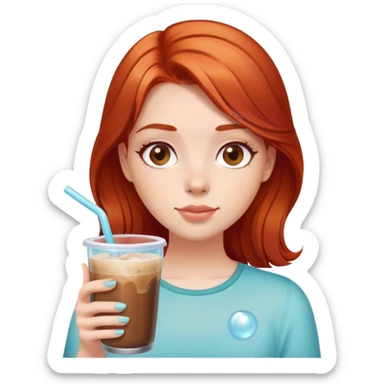 Red haired girl with brown eyes and a bubble glass of ice coffee sticker