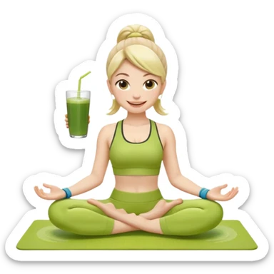 Девушка-мемоджи радостно сидит на коврике для йоги, в спортивной позе, в ярком стильном спортивном комплекте. Лицо сияющее, улыбка очень довольная и счастливая, в руках яркий стакан освежающего матча-лимонада, вокруг атмосфера свежести, отдыха и комфорта. Белый фон. 2 руки и 2 ноги sticker