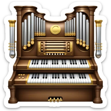 Create an elegant and majestic emoji representing a classical organ. The design should feature the grand pipes of the organ in the background, with visible details of the keys and pedalboard in the foreground. The pipes should be tall and impressive, with a mixture of gold, silver, and metallic shades to emphasize the grandeur of the instrument. The keyboard and pedals should be well-defined, capturing the intricate craftsmanship of the organ. Use dark wood tones and gold accents for the body of the instrument to give it a rich, historic feel. Add subtle musical notes around the organ to evoke its deep, resonant sound. The background should be transparent. sticker