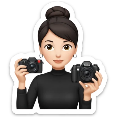 48 year old woman photographer with dark hair in a bun, wearing black clothes sticker
