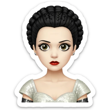 Bride of Frankenstein with black hair, ivory sequin outfit sticker
