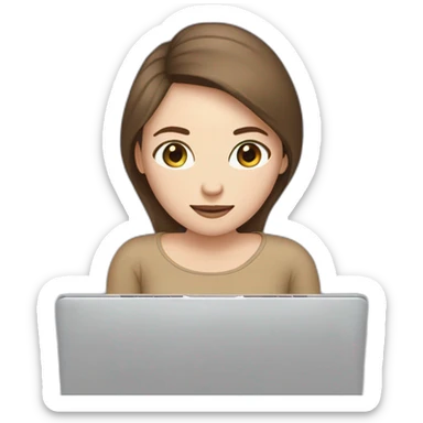 woman with pale skin and brown straight hair hiding behind a laptop with a infinity sticker on it sticker