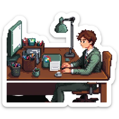 person with very sloped shoulders, avoiding eye contact, sitting at a cluttered office desk, representing not shouldering a burden sticker