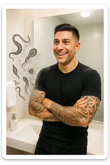 a man stands in a brightly lit bathroom, looking relieved and revitalized as he examines his reflection in the mirror. In the foreground, stylized, shadowy images of parasites (such as worms or protozoa) are shown leaving his body, dissolving into mist or fading away. His posture is upright and his expression is one of newfound energy and health. sticker