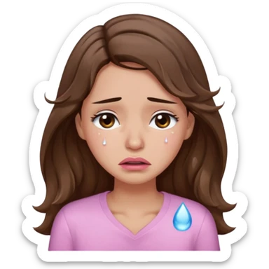girl with wavy long brown hair, brown eyes, light to medium complexion, long lashes, light pink lipstick, wearing light pink shirt, crying big tears sticker