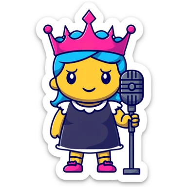 A rock and roll queen with a crown, microphone, and punk rock attitude sticker