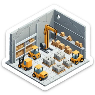 modern stonemason workshop isometric view with warehouse contianing cnc machiens and large stoneslabs, forklifts, no vehicles no robots sticker