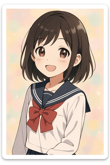 cute Japanese girl, anime style, school uniform, smiling, pastel background sticker