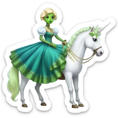 "galora green blonde alien woman" in blue Victorian dress elegant, full body, on unicorn white sticker