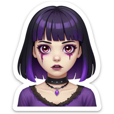 zombie with black hair and bangs and purple highlights brown eyes and a choker around her neck and a black blouse sticker